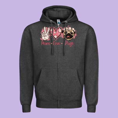 Peace Love Pugs Zipper Hoodie Designed By Jasminsmagicworld
