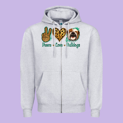 Peace Love Bulldog Zipper Hoodie Designed By Jasminsmagicworld