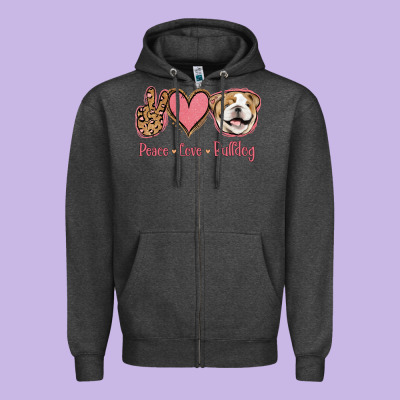 Peace Love Bulldog Zipper Hoodie Designed By Jasminsmagicworld