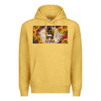 Antique Gold mess bun mama with sunflowers and colorful leopard license plate Premium Hoodie - BarkalooDesign