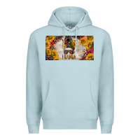 Blue Mist mess bun mama with sunflowers and colorful leopard license plate Premium Hoodie - BarkalooDesign