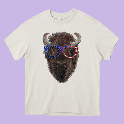Bison With American Flag Glasses Heavy Core Tee Designed By Ranaportraitstore
