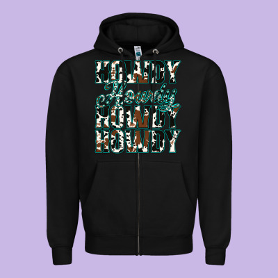 Howdy Cowhide Turquoise Zipper Hoodie Designed By Jasminsmagicworld