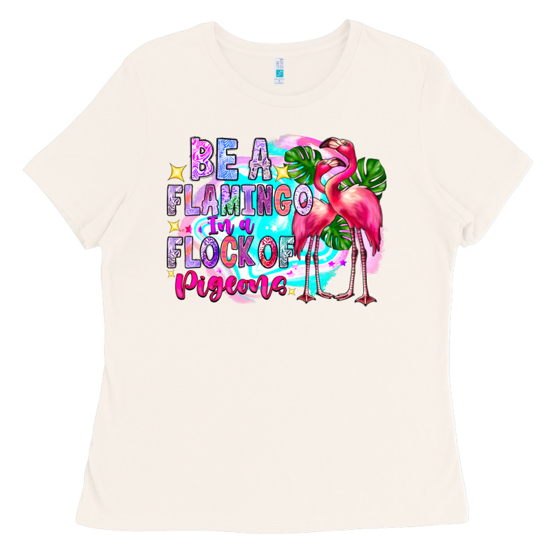 Bea Flamingo In A Flock Of Pigeons Ladies Tee by CowhideDigitalArt | Teevron