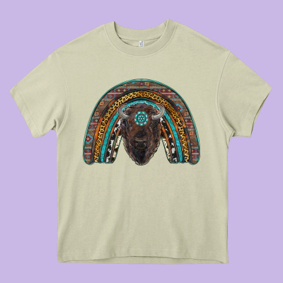 Western Rainbow With Bison Heavy Core Tee Designed By Ranaportraitstore