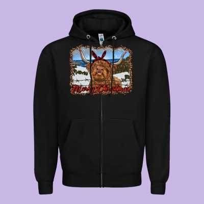 Merry Christmas Highland Cow With Farm Zipper Hoodie Designed By Ranaportraitstore