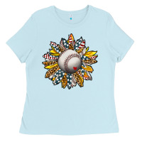 Baby Blue Baseball Sunflower Ladies Tee - CowhideDigitalArt