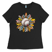 Black Baseball Sunflower Ladies Tee - CowhideDigitalArt