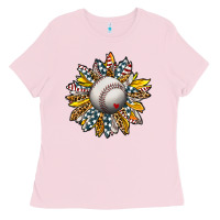 Bubblegum Pink Baseball Sunflower Ladies Tee - CowhideDigitalArt