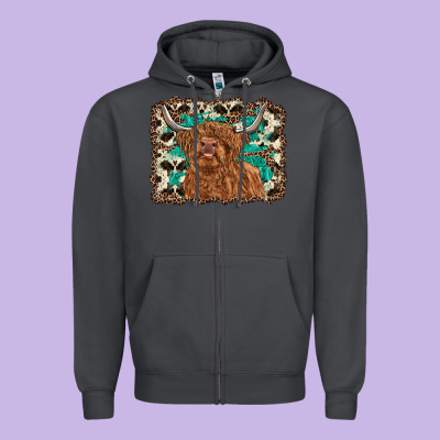 Highland Cow Western Background Zipper Hoodie Designed By Ranaportraitstore