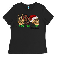 Black Peace Love Rock Christmas Ladies Tee - CowhideDigitalArt