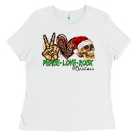 White Peace Love Rock Christmas Ladies Tee - CowhideDigitalArt