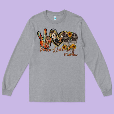 Peace Love Dog Mama Long Sleeve Tee Designed By Racoondesign