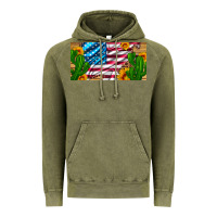 Vintage Olive usa flag and cactus and sunflowers with leopard and wood license  plat Vintage Hoodie - Artiststas