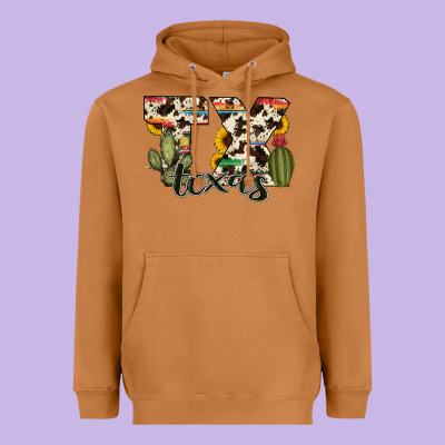 Texas State Cowhide Serape Cactus Heavyweight Hoodie Designed By Ranaportraitstore