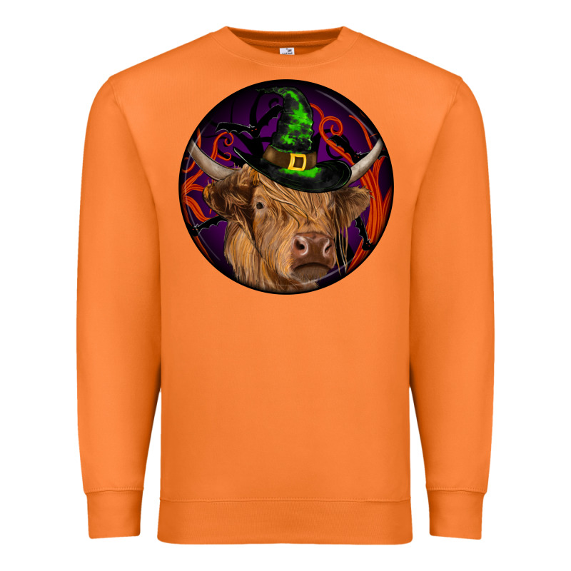 Halloween Highland Cow Round Premium Sweatshirt by RanaPortraitStore | Teevron