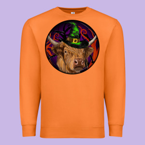 Halloween Highland Cow Round Premium Sweatshirt Designed By Ranaportraitstore