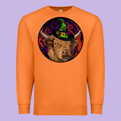 Halloween Highland Cow Round Premium Sweatshirt Designed By Ranaportraitstore