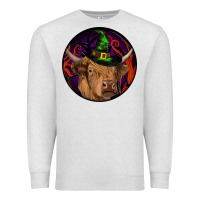 Oatmeal Heather halloween highland cow round Premium Sweatshirt - RanaPortraitStore