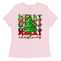 Bubblegum Pink Merry Christmas Tree Ladies Tee - CowhideDigitalArt