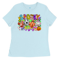 Baby Blue Spooky Vibes Ghost Ladies Tee - CowhideDigitalArt