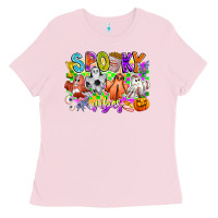 Bubblegum Pink Spooky Vibes Ghost Ladies Tee - CowhideDigitalArt