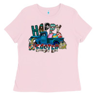 Bubblegum Pink Happy Easter  truck Ladies Tee - CowhideDigitalArt