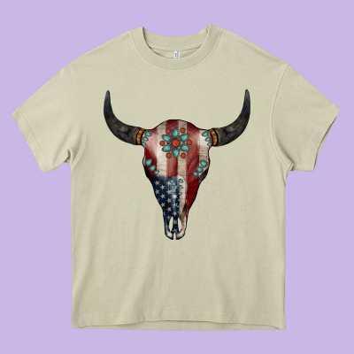 American Bull Skull Gemstone Heavy Core Tee Designed By Jasminsmagicworld