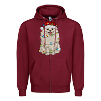 Burgundy white pomeranian with christmas lights Zipper Hoodie - RanaPortraitStore