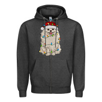 Charcoal Heather white pomeranian with christmas lights Zipper Hoodie - RanaPortraitStore