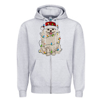 Heather Grey white pomeranian with christmas lights Zipper Hoodie - RanaPortraitStore