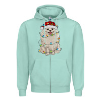 Seafoam white pomeranian with christmas lights Zipper Hoodie - RanaPortraitStore