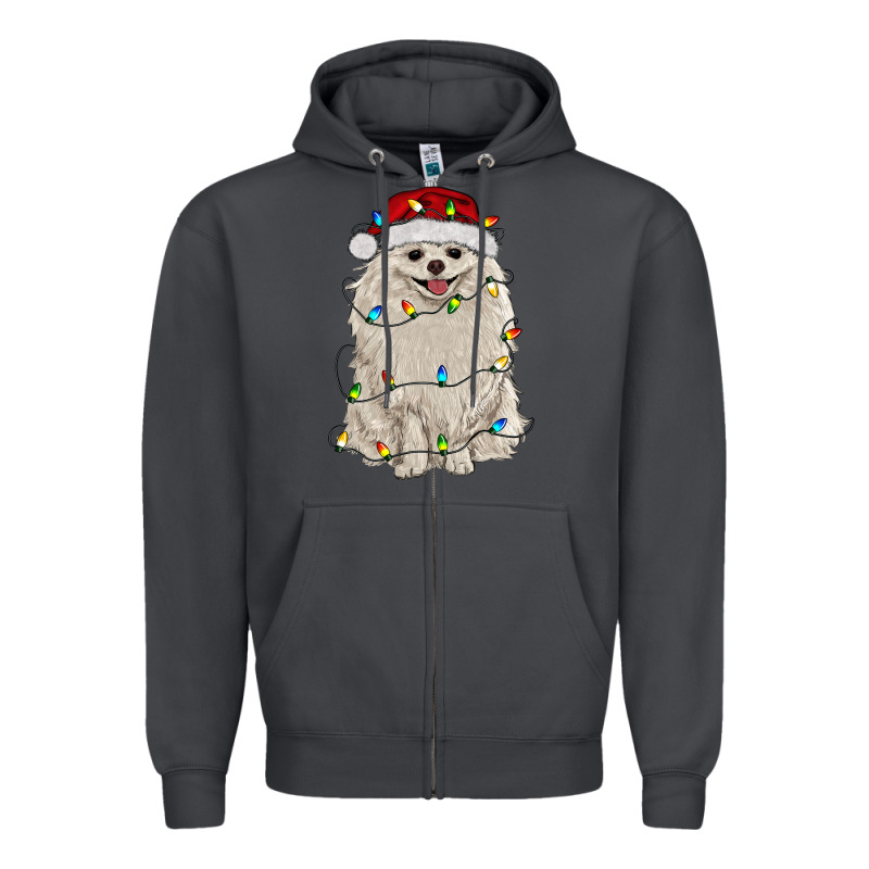 White Pomeranian With Christmas Lights Zipper Hoodie by RanaPortraitStore | Teevron