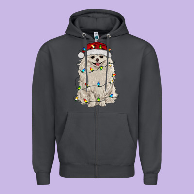 White Pomeranian With Christmas Lights Zipper Hoodie Designed By Ranaportraitstore