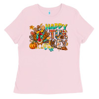 Bubblegum Pink Happy Turkey Day Ladies Tee - CowhideDigitalArt