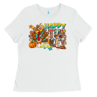 White Happy Turkey Day Ladies Tee - CowhideDigitalArt