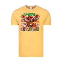 Vintage Mustard Happy Christmas Cow Vintage Tee - CowhideDigitalArt