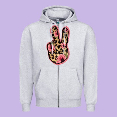 Floral Leopard Peace Sign Zipper Hoodie Designed By Jasminsmagicworld