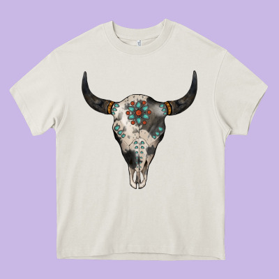 Cowhide Bull Skull Heavy Core Tee Designed By Jasminsmagicworld