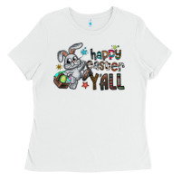 White Happy Easter Y'all Ladies Tee - CowhideDigitalArt