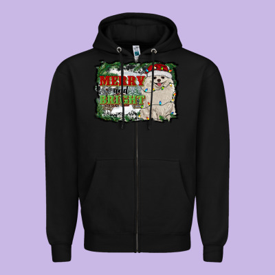 Merry And Bright Pomeranian Zipper Hoodie Designed By Ranaportraitstore