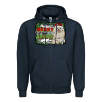 Navy merry and bright pomeranian Zipper Hoodie - RanaPortraitStore