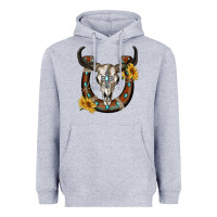 Heather Grey bull skull with horseshoe Heavyweight Hoodie - RanaPortraitStore