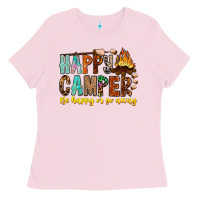 Bubblegum Pink Happy Camper Be Happy Or Go Away Ladies Tee - CowhideDigitalArt