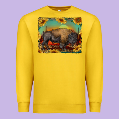 Western Bison With Sunset Background Premium Sweatshirt Designed By Ranaportraitstore
