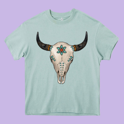 Turquoise Bull Skull Heavy Core Tee Designed By Jasminsmagicworld