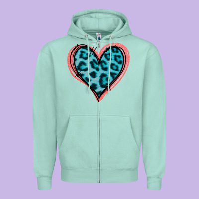 Blue Leopard Heart Zipper Hoodie Designed By Jasminsmagicworld