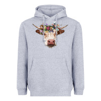 Heather Grey hereford cow with floral headband Heavyweight Hoodie - RanaPortraitStore