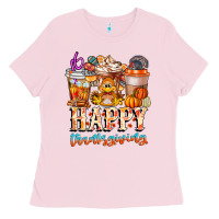 Bubblegum Pink happy thanksgiving Ladies Tee - CowhideDigitalArt