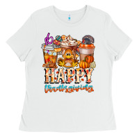White happy thanksgiving Ladies Tee - CowhideDigitalArt